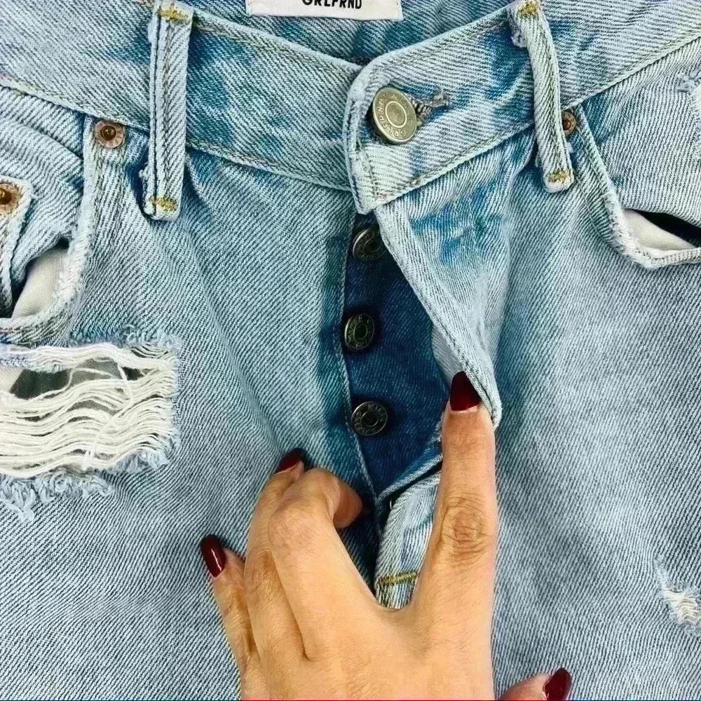 Grlfrnd Helena Straight Jeans Women's‎ 25 Blue High Rise Button Fly Distressed - Picture 6 of 14